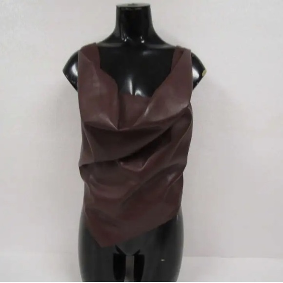 NWT Nanushka Petra Draped Sleeveless Asymmetrical Tank Top Brown Vegan Leather - Picture 11 of 16